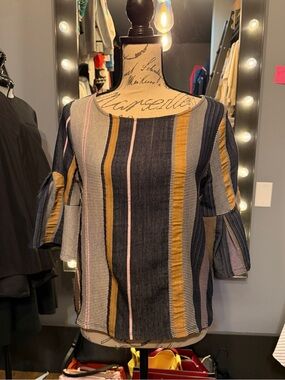 Dolan by Anthropologie Striped 3/4 Sleeve Women’s Top in Navy, Mustard & Pink